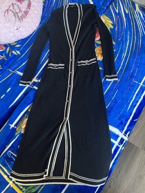 Classic Black Long Cardigan Dress with Contrast Trim